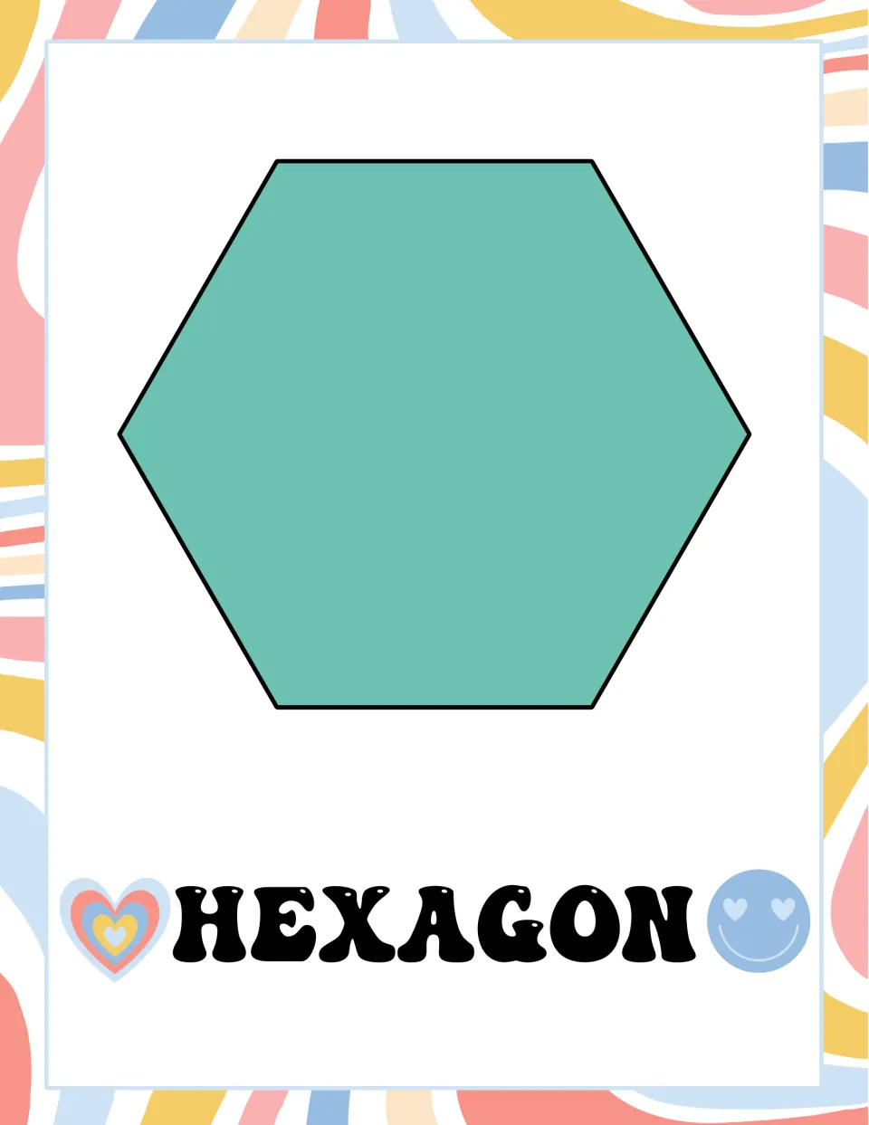 Hexagon poster in the 2D shape set, showing a teal hexagon labeled “HEXAGON” for display or flashcard use