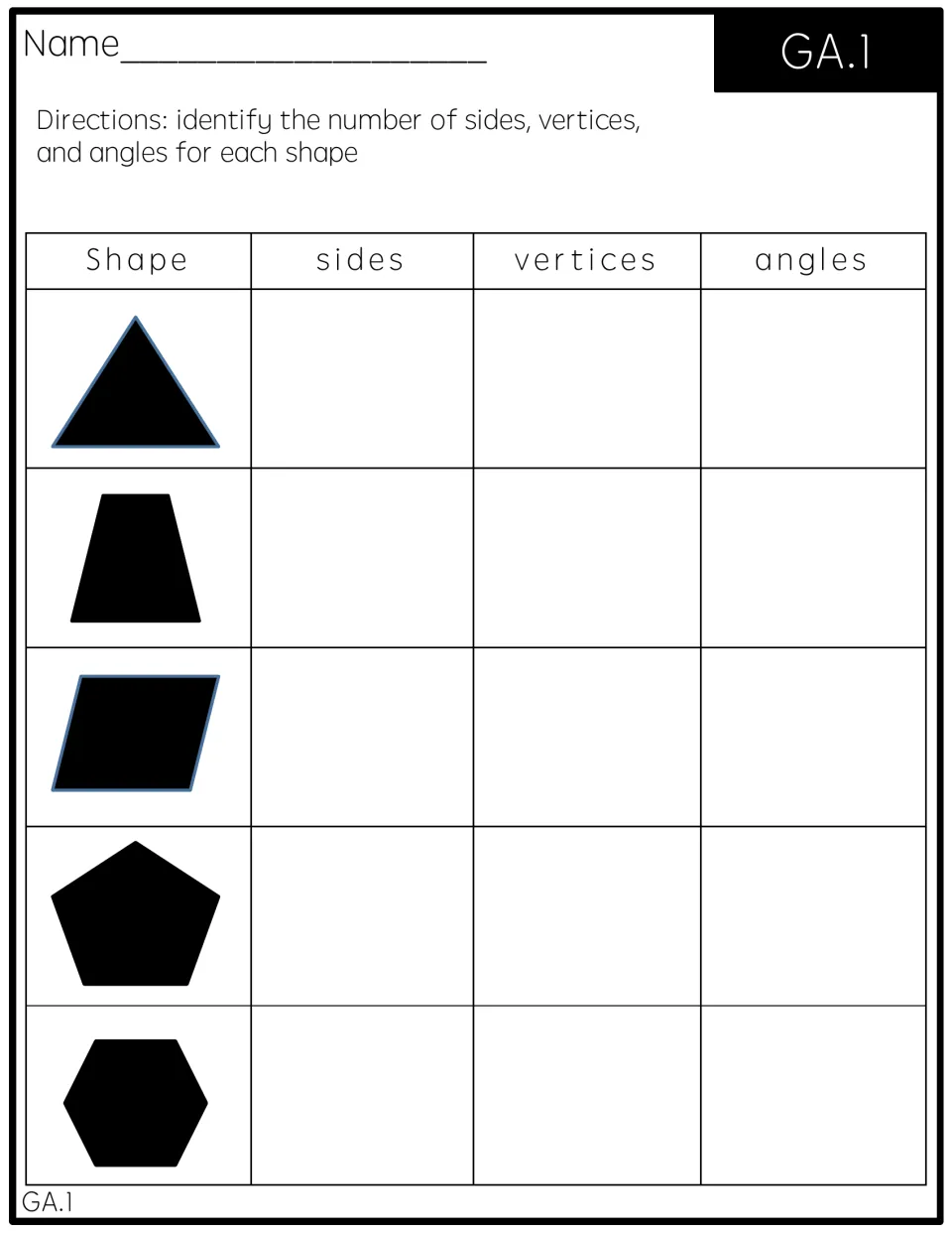 Shape attributes: students count sides, vertices and angles of a triangle, trapezoid, parallelogram, pentagon, hexagon