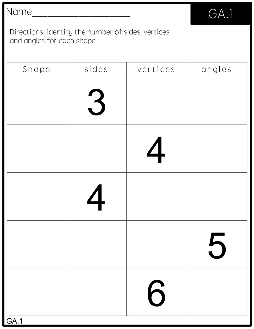 Shape attributes: from one given count (3, 4, 4, 5 or 6), students identify each shape and its sides, vertices and angles