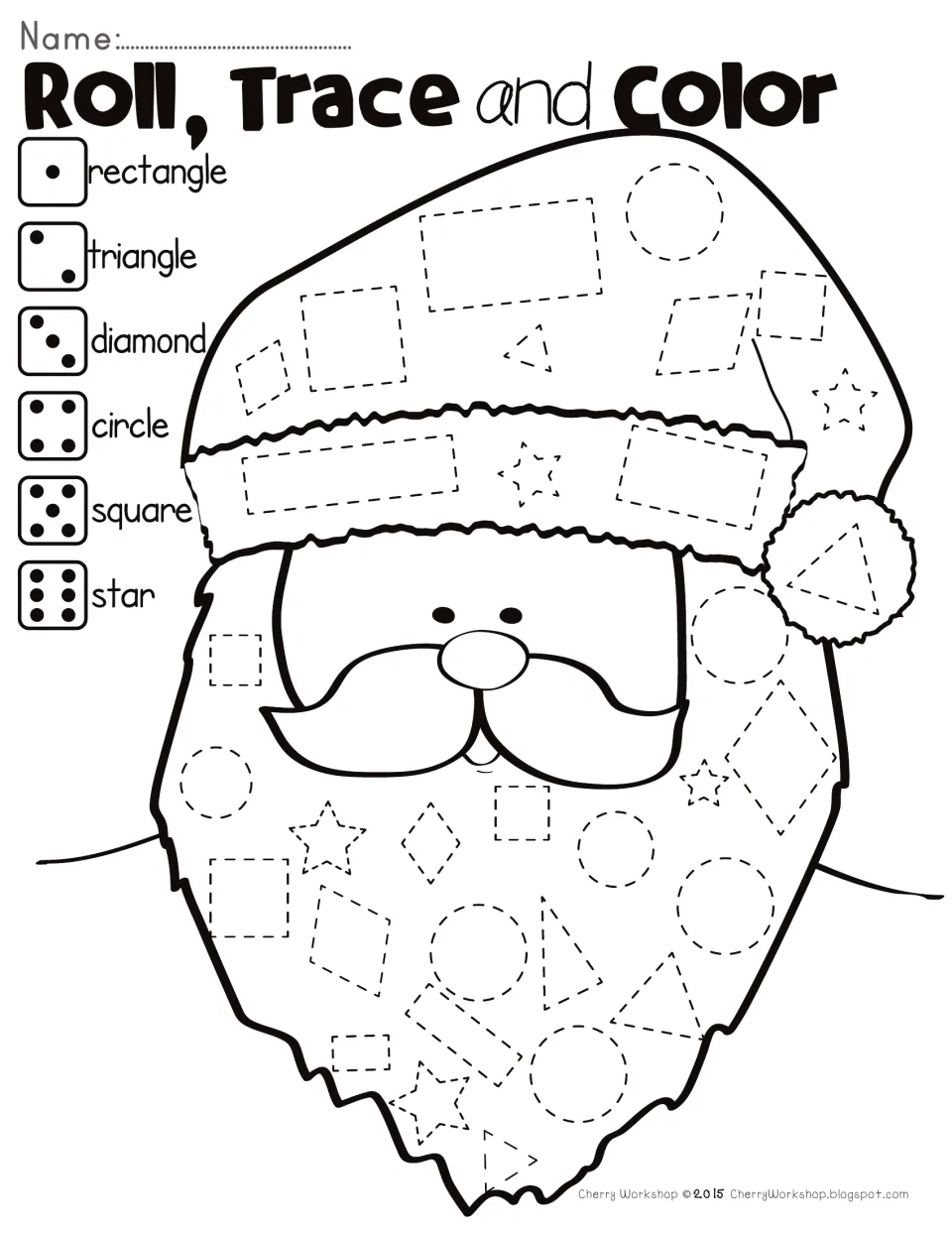 Santa shape game: students roll a die, then trace and color the matching rectangle, triangle, circle, star or other shape