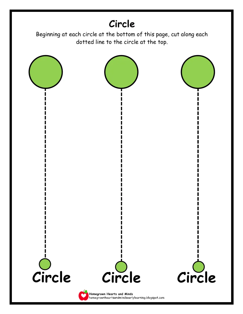 Circle cutting practice: students cut from each small green circle up a straight dotted path to the big circle at the top