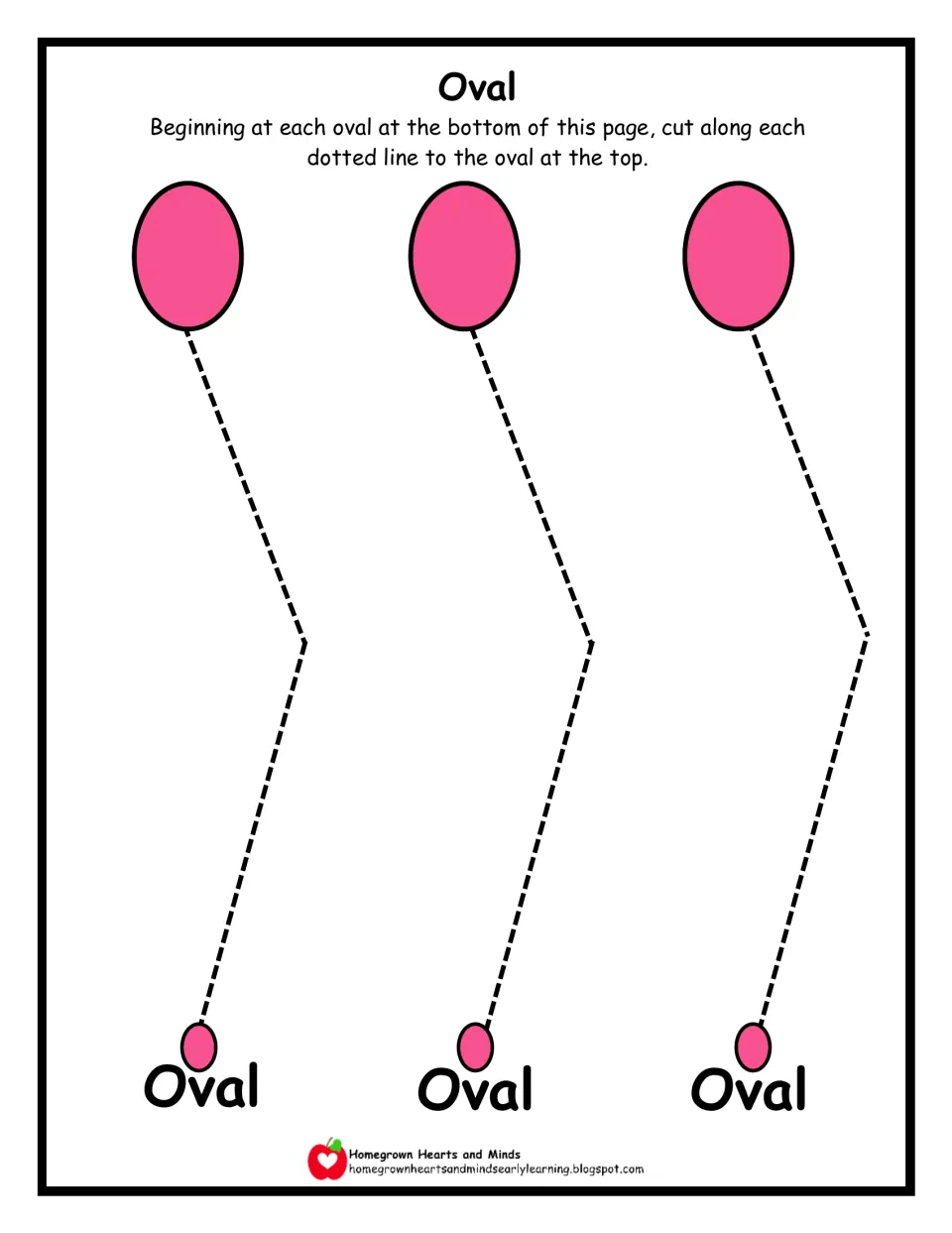 Oval cutting practice: students cut along three angled dotted paths, each bending once, from small pink ovals to large ones