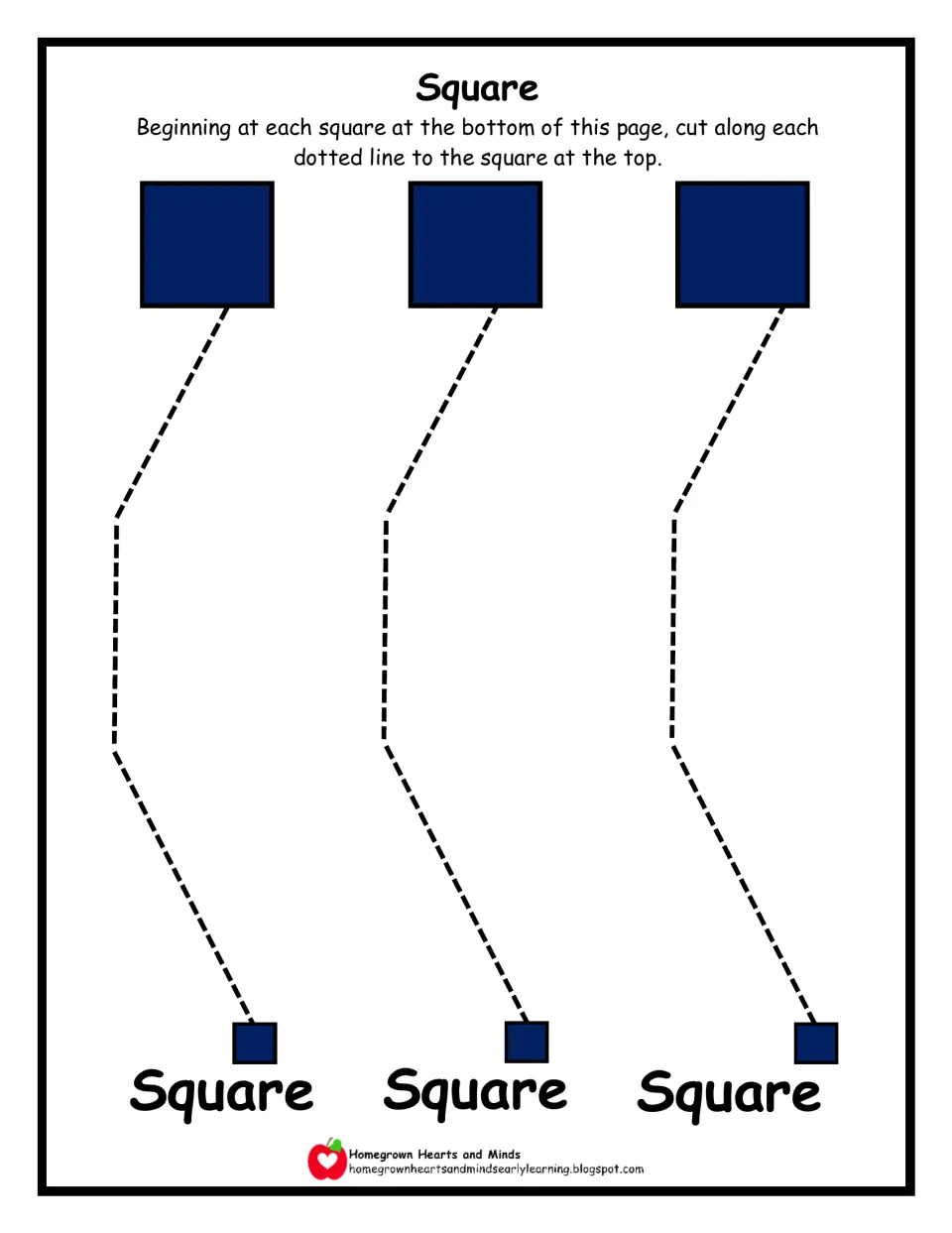 Square scissor skills: students cut slanted-then-straight dotted paths from three small navy squares up to the big squares