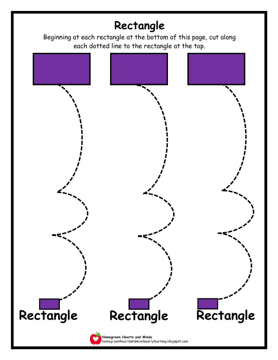 Rectangle cutting practice: students cut along curvy, scalloped dotted paths from small purple rectangles to large ones