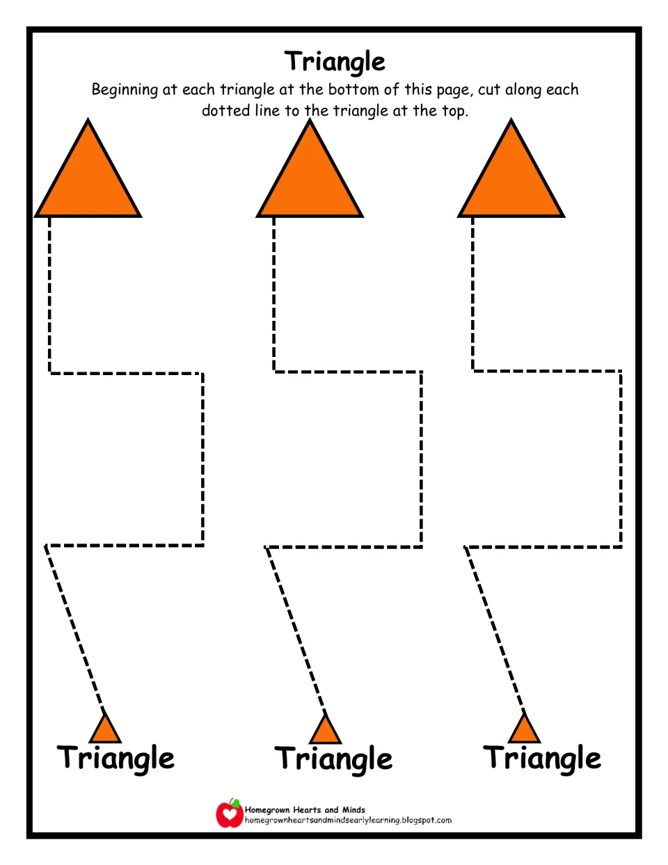 Triangle scissor practice: students cut stair-step dotted paths with square turns from small orange triangles to big ones