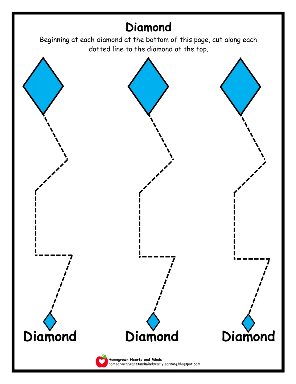 Diamond cutting practice: students follow zigzag dotted paths with sharp turns from small blue diamonds to large diamonds