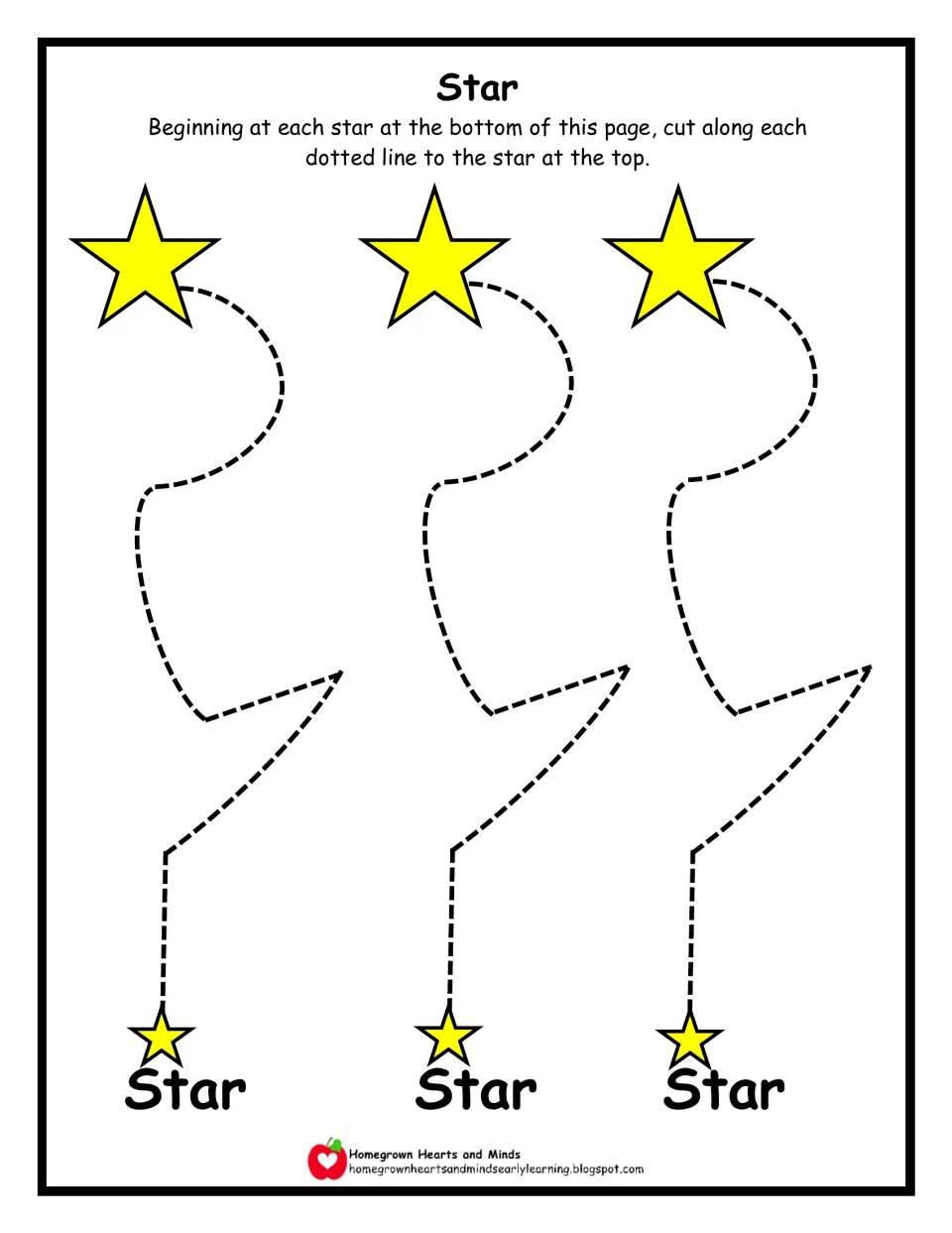 Star scissor practice: students cut looping, angled dotted paths from three small yellow stars up to the large stars at top
