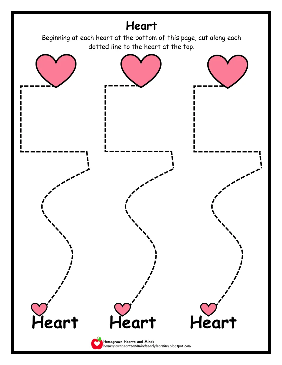 Heart cutting practice: students cut wavy paths that end in square turns, from small pink hearts up to the large hearts