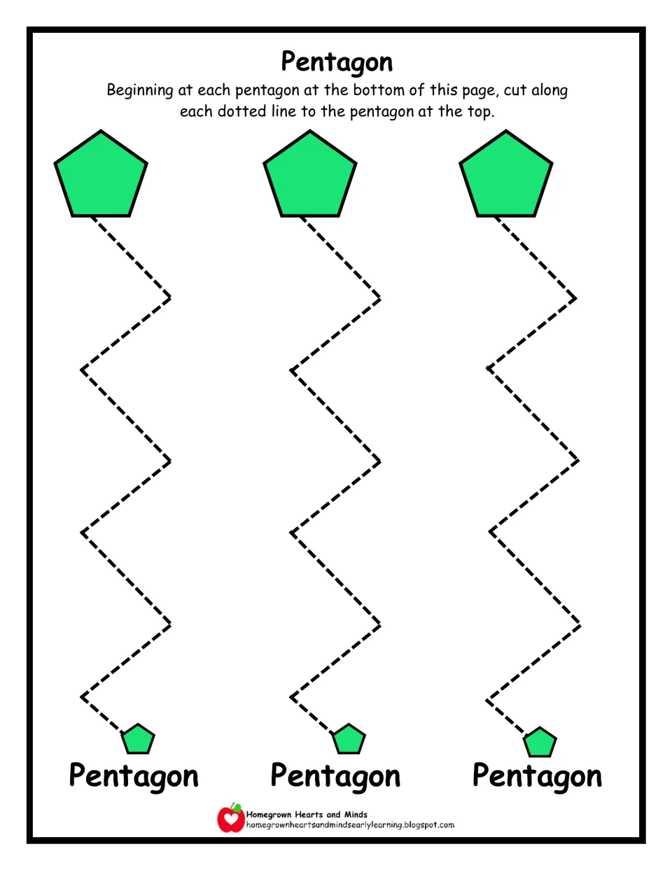 Pentagon scissor practice: students cut sharp zigzag dotted paths from three small green pentagons up to large pentagons
