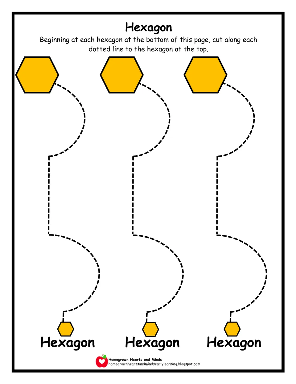 Hexagon cutting practice: students cut curved and straight dotted paths from small yellow hexagons up to large hexagons