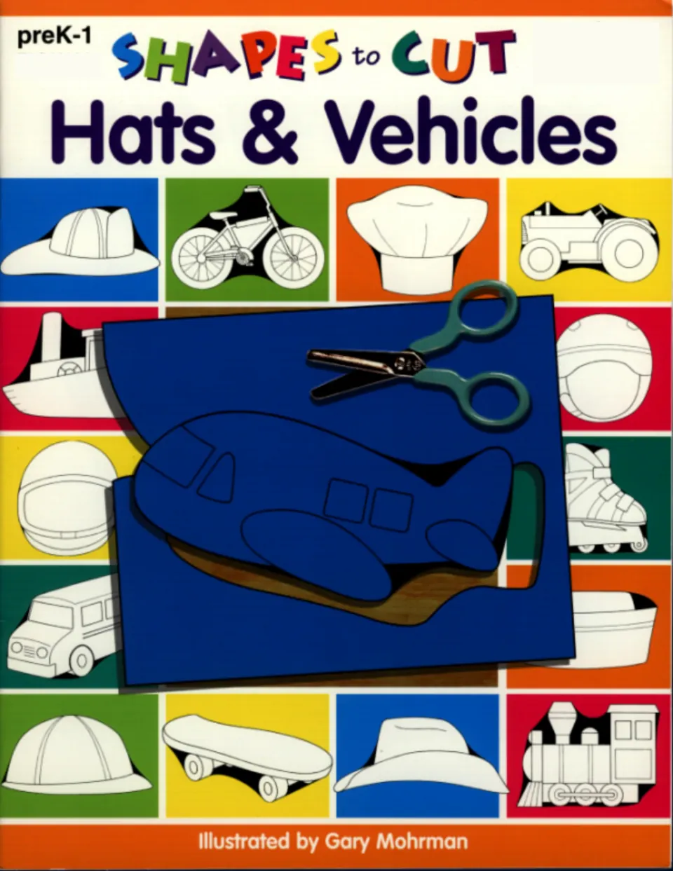 Shapes to Cut: Hats & Vehicles cover, preK-1: hat and vehicle outlines around a blue paper airplane and scissors