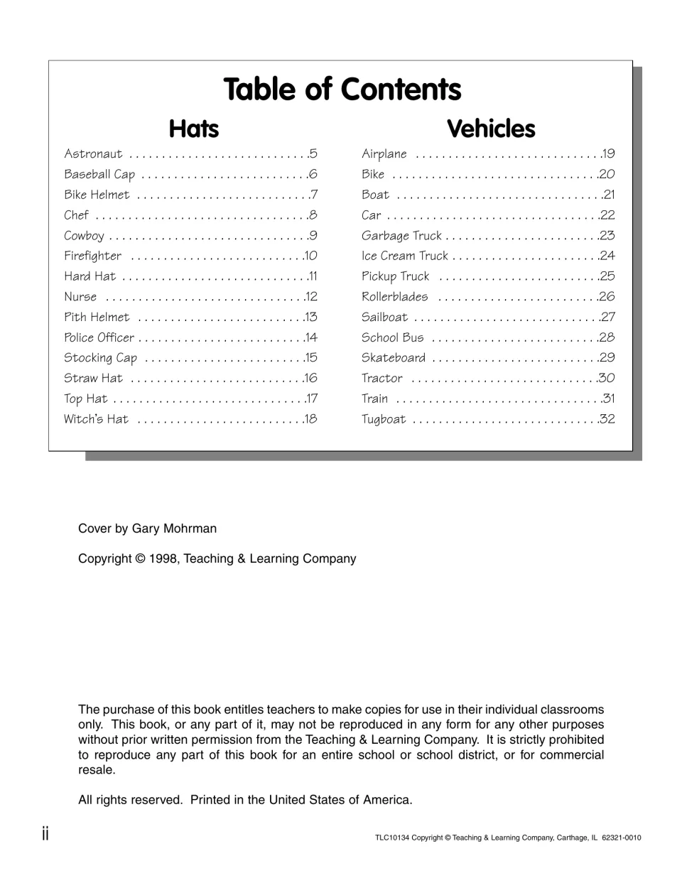 Table of contents listing 14 hat patterns and 14 vehicle patterns with page numbers, plus copyright and copying terms