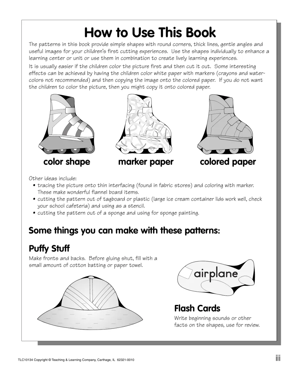 How to Use This Book: color-then-cut and colored-paper tips shown on a rollerblade, plus puffy stuff and flash card ideas