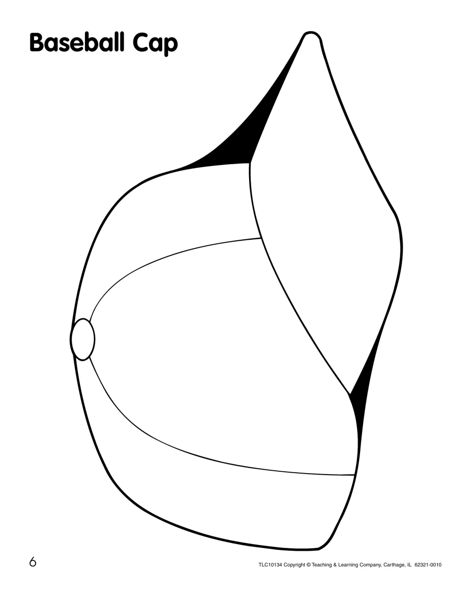 Baseball cap pattern in side view with a button on top and a long brim, for children to color and cut out