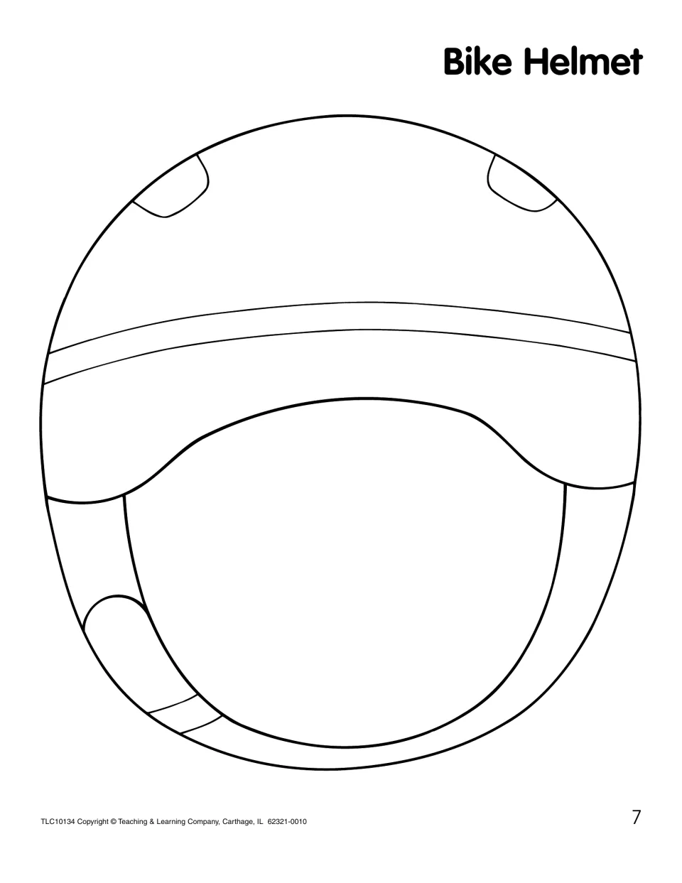 Bike helmet pattern with vents and a chin strap for students to color, then cut along the thick outer edge