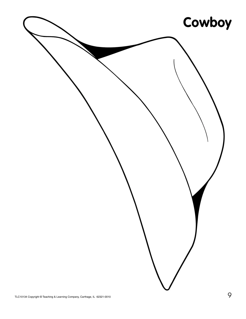 Cowboy hat pattern with a wide curved brim, a large shape for young children to color and practise cutting