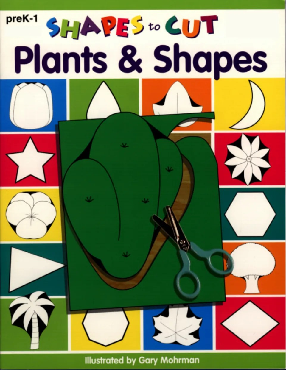 Shapes to Cut: Plants & Shapes preK-1 cover showing star, hexagon, tulip, palm tree and leaf outlines with scissors