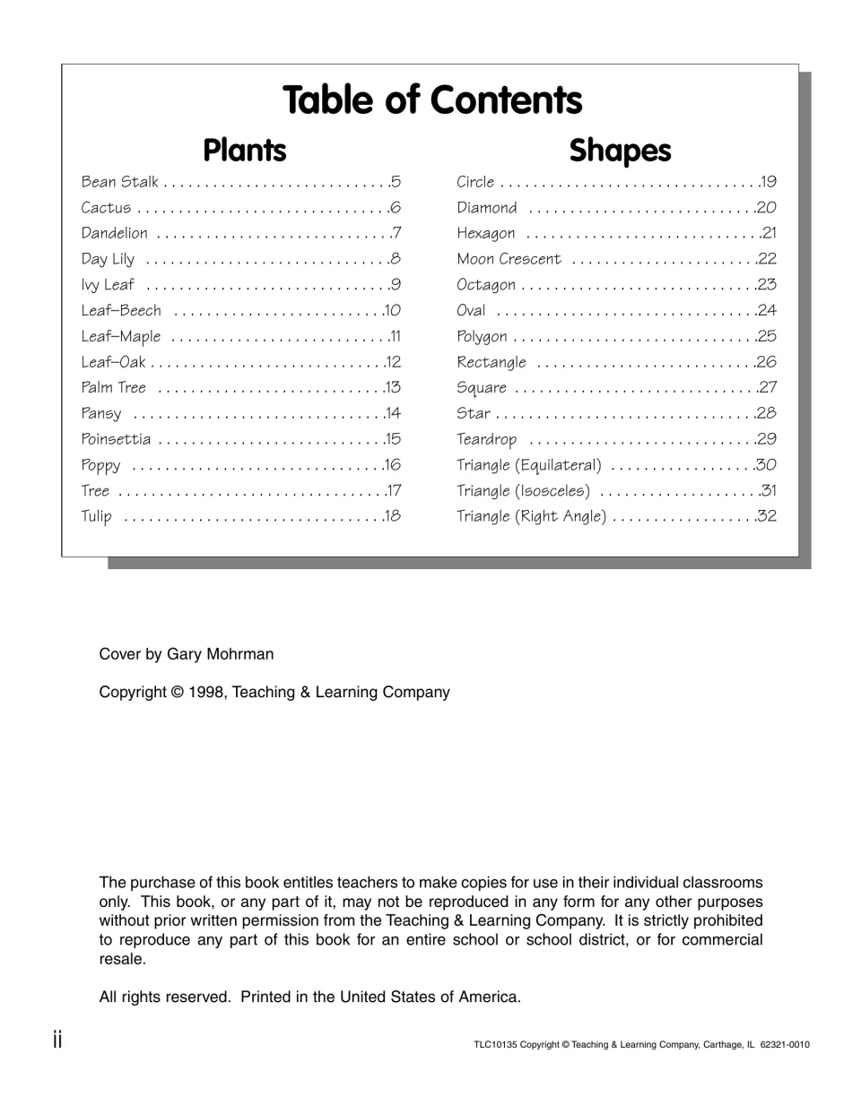 Table of contents listing 14 plant patterns from Bean Stalk to Tulip and 14 shapes from Circle to Right Angle Triangle