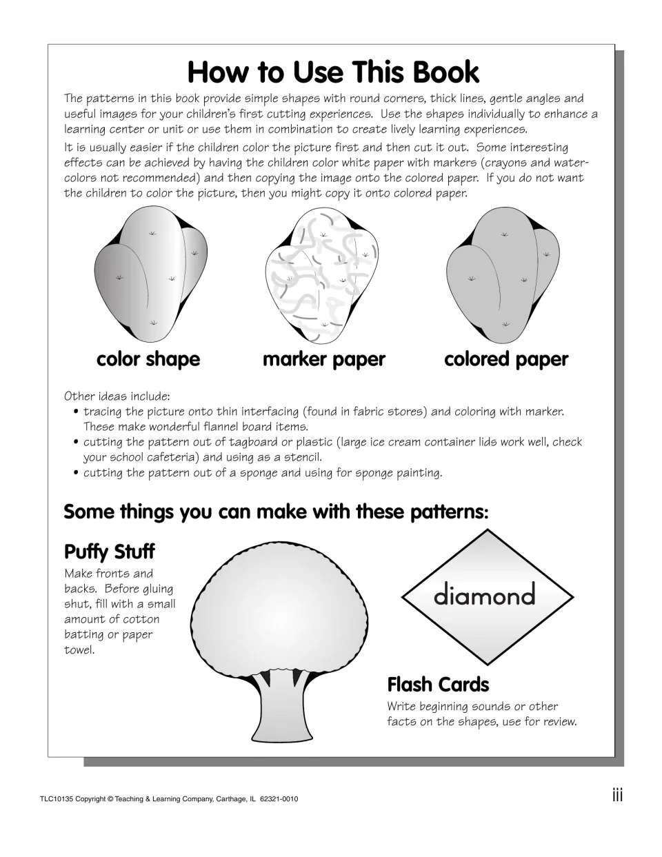 How to Use This Book: color-then-cut tips, marker or colored paper copies, and making puffy shapes and flash cards