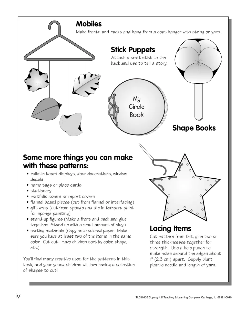 Project ideas for the patterns: leaf mobiles, pansy stick puppets, a circle shape book, a laced felt star and more uses