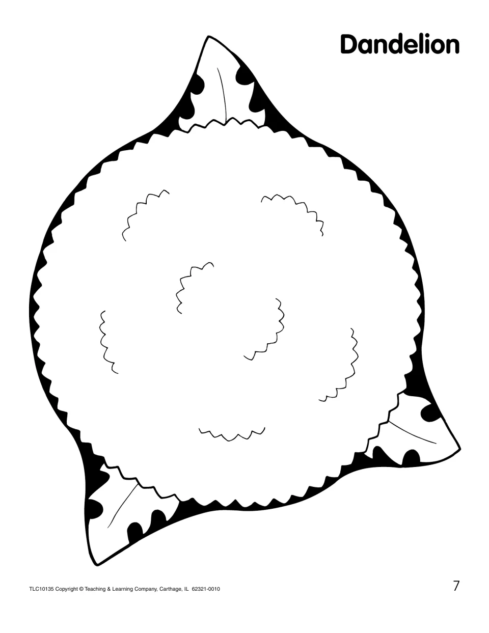 Dandelion pattern: a round fluffy dandelion head with jagged edges and two leaves behind it, ready to color and cut out