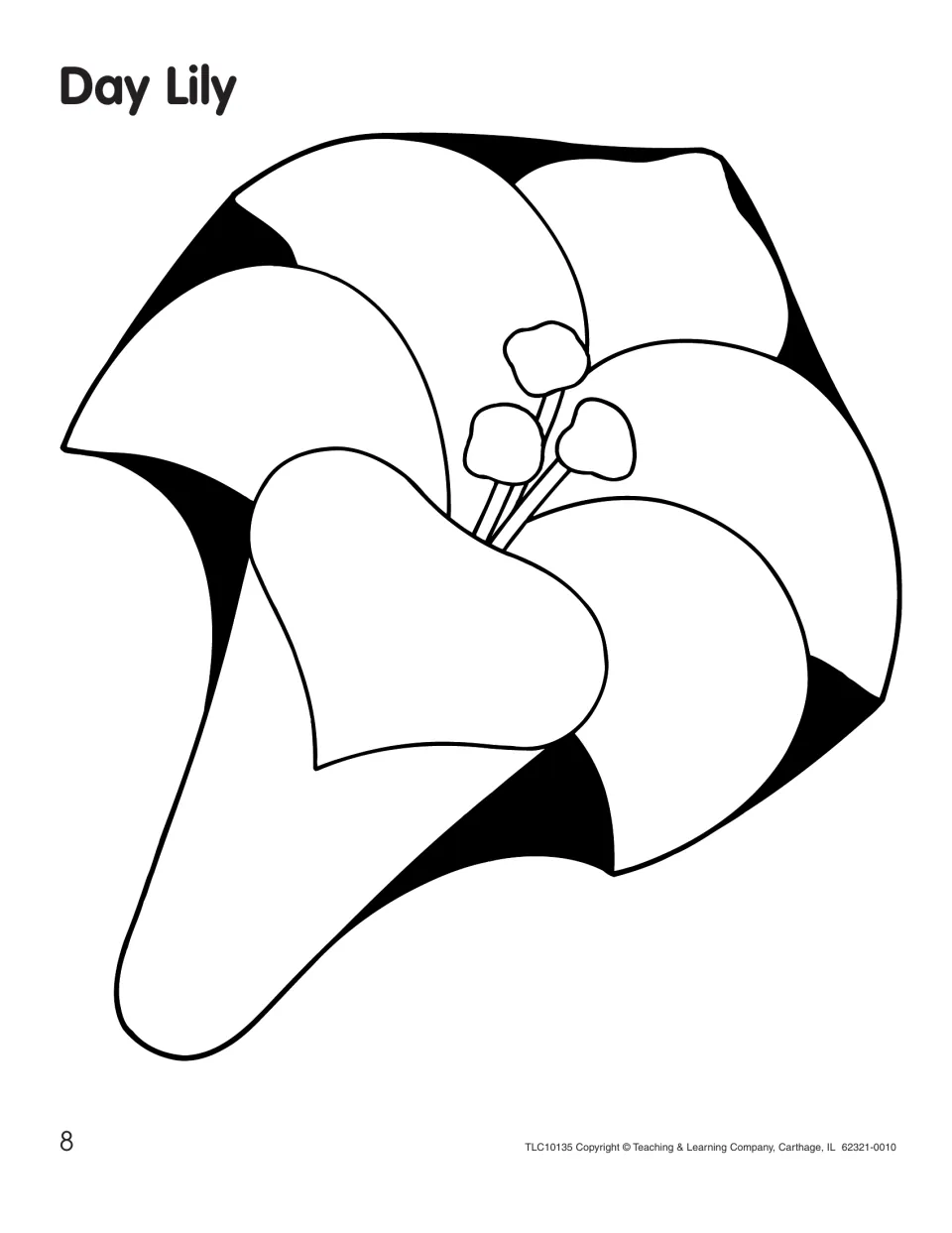Day Lily pattern: an open lily bloom with broad petals and three stamens, ready for children to color and cut out