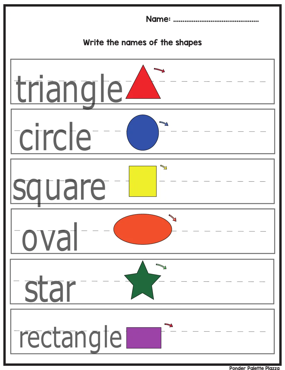 Shape names: students write triangle, circle, square, oval, star and rectangle beside each colored shape
