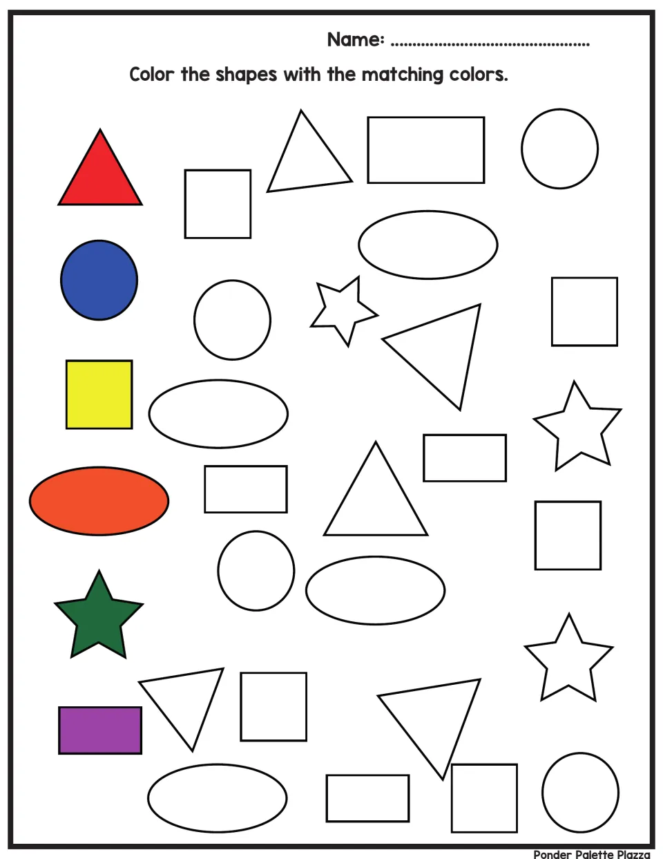 Shape color matching: students color each outlined triangle, circle, square, oval, star and rectangle to match a model