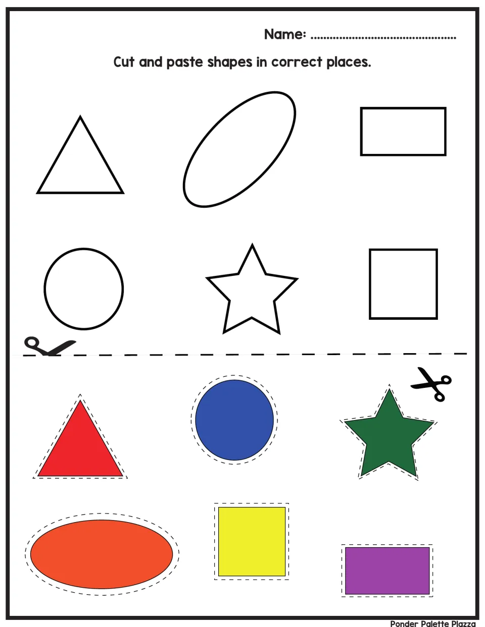 Shape cut and paste: students cut out six colored shapes and glue each onto its matching outline at the top