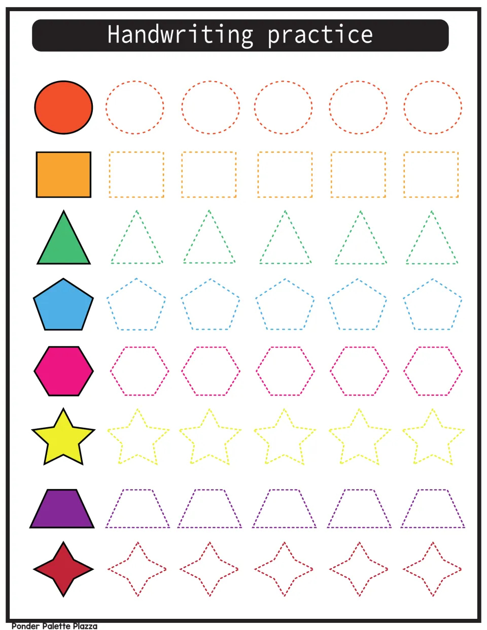 Handwriting practice: students trace dotted circles, squares, triangles, pentagons, hexagons, stars and trapezoids