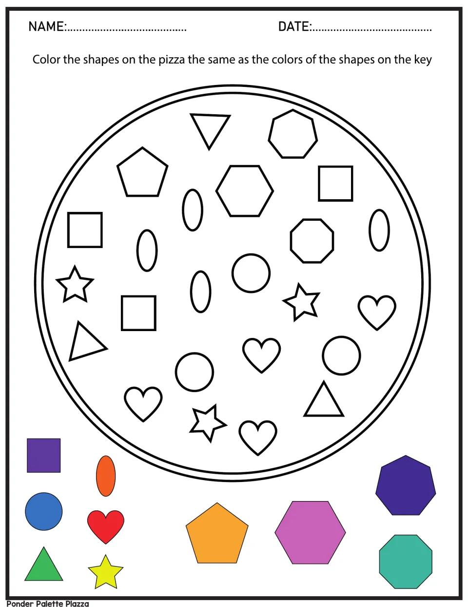 Shape pizza: students color hearts, stars, ovals, hexagons and more on a pizza to match the colors in a shape key