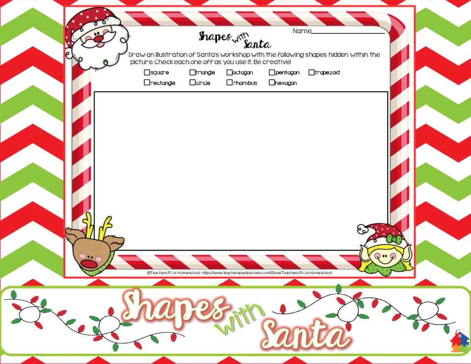 Shapes with Santa cover: preview of a drawing page where kids hide 9 shapes in a Santa's workshop scene