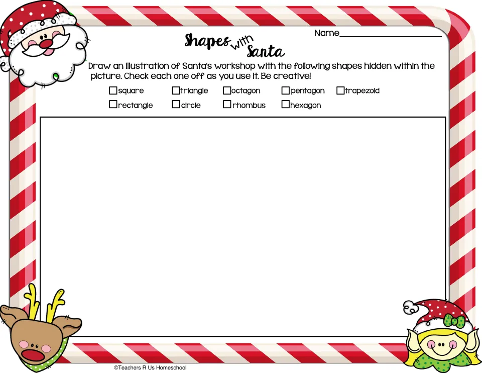 Shape drawing task: students draw Santa's workshop hiding a square, circle, hexagon, rhombus and more, checking each off