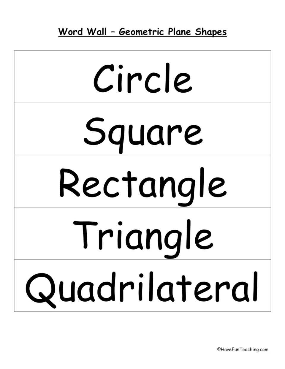 Geometric plane shapes word cards to cut apart: circle, square, rectangle, triangle and quadrilateral in large print