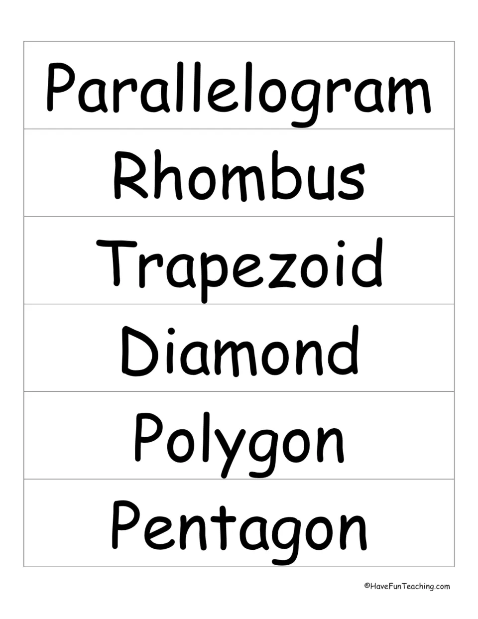 Shape vocabulary word cards: parallelogram, rhombus, trapezoid, diamond, polygon and pentagon in large print letters