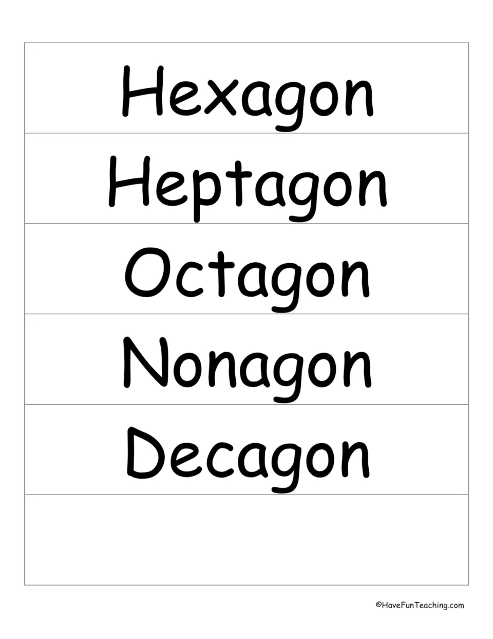 Polygon name word cards: hexagon, heptagon, octagon, nonagon and decagon, plus one blank card for another shape word