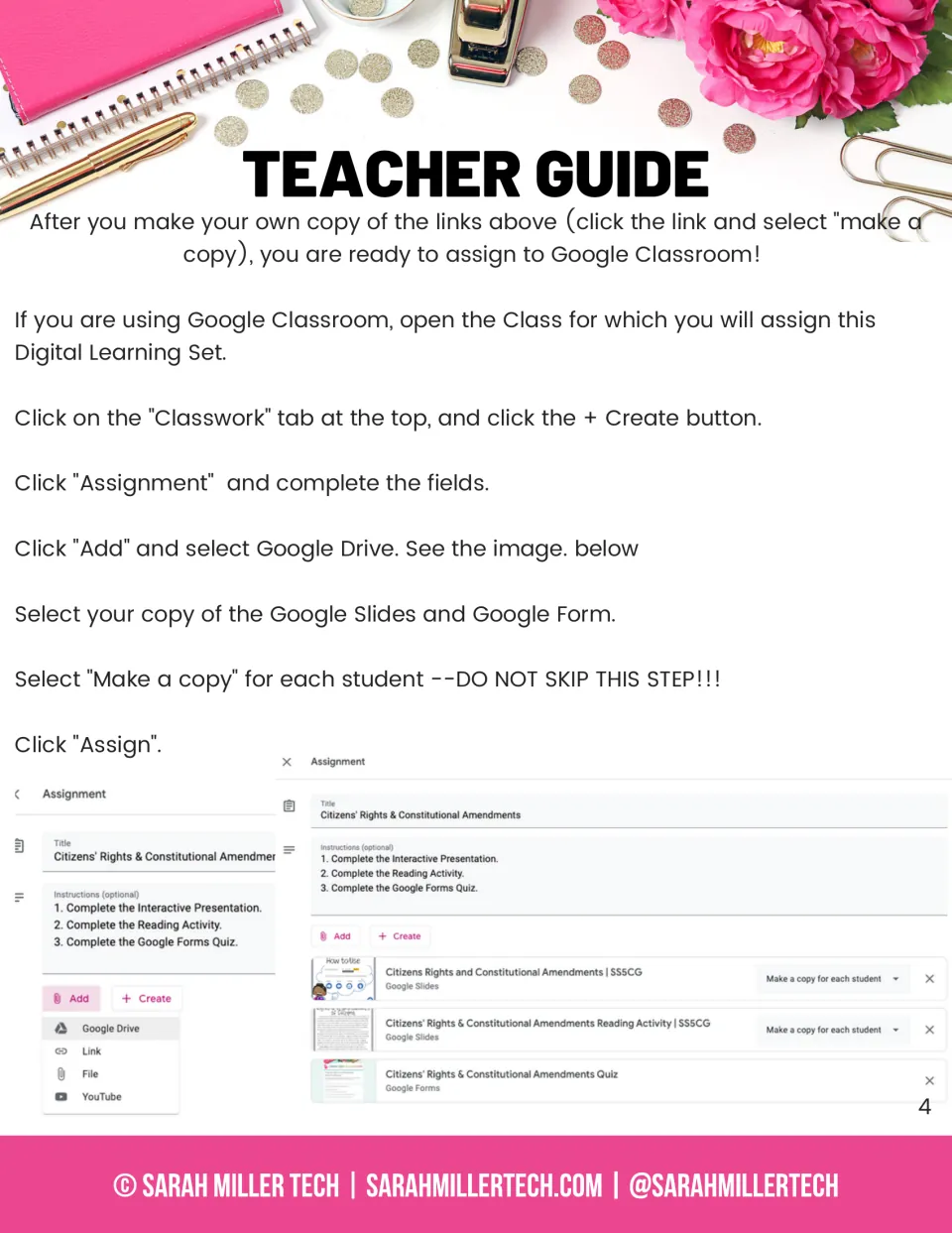 Teacher guide steps for assigning in Google Classroom: create an assignment, add from Drive, make a copy for each student