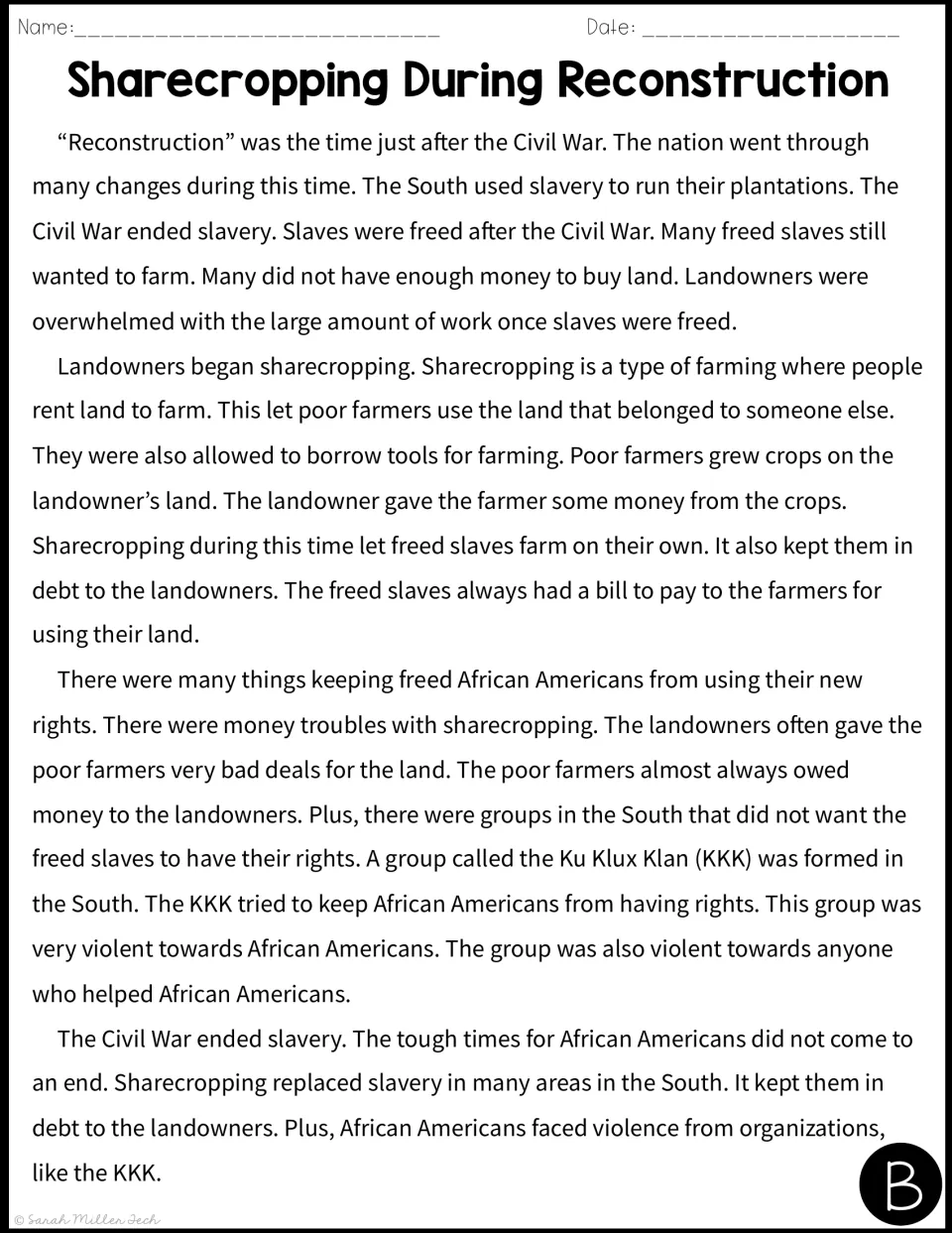 Sharecropping after the Civil War, passage B: students read simpler text on renting land, borrowed tools, debt and the KKK
