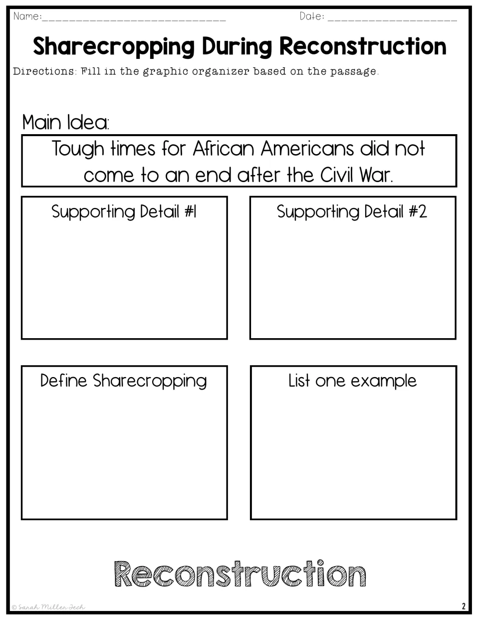 Main idea organizer: students add two supporting details, define sharecropping and list one example from the passage