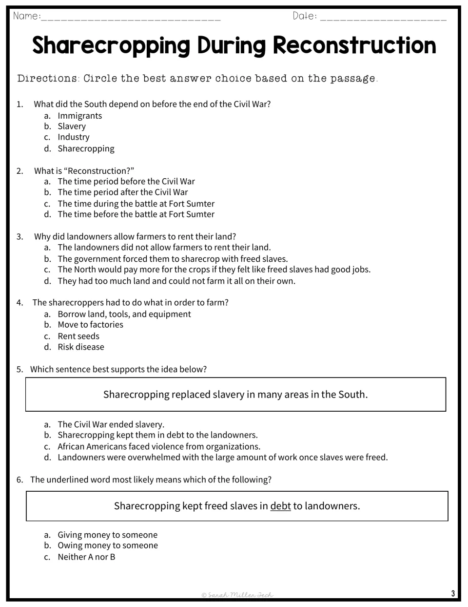 Reading questions 1-6: students circle answers on Reconstruction, why landowners rented land, supporting details and debt