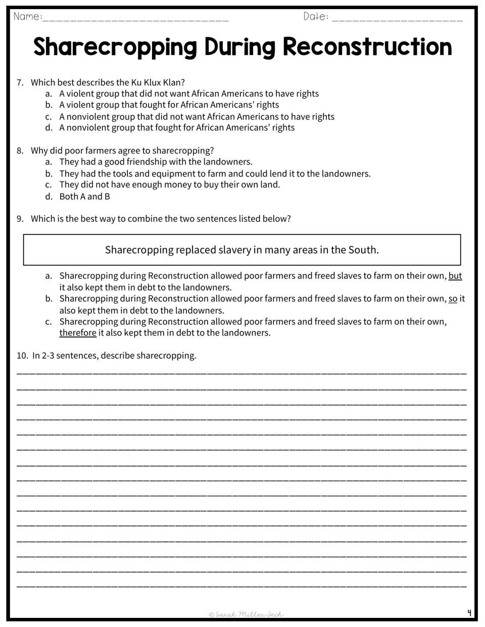 Questions 7-10: students answer items on the KKK, why farmers sharecropped, combining sentences, and describe sharecropping