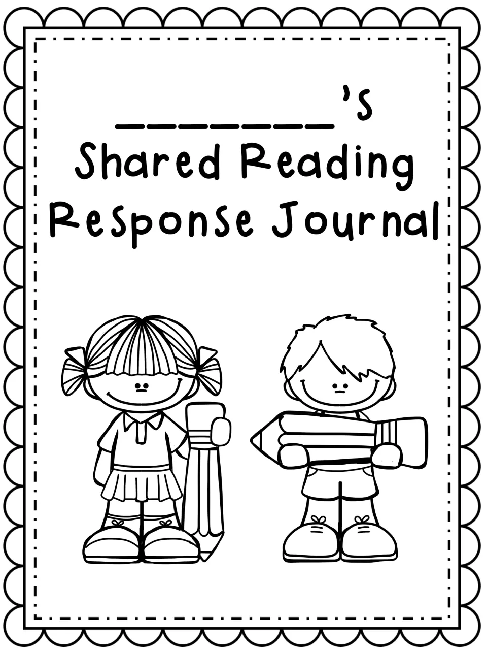 Shared Reading Response Journal cover with a name blank and a girl and boy each holding a giant pencil
