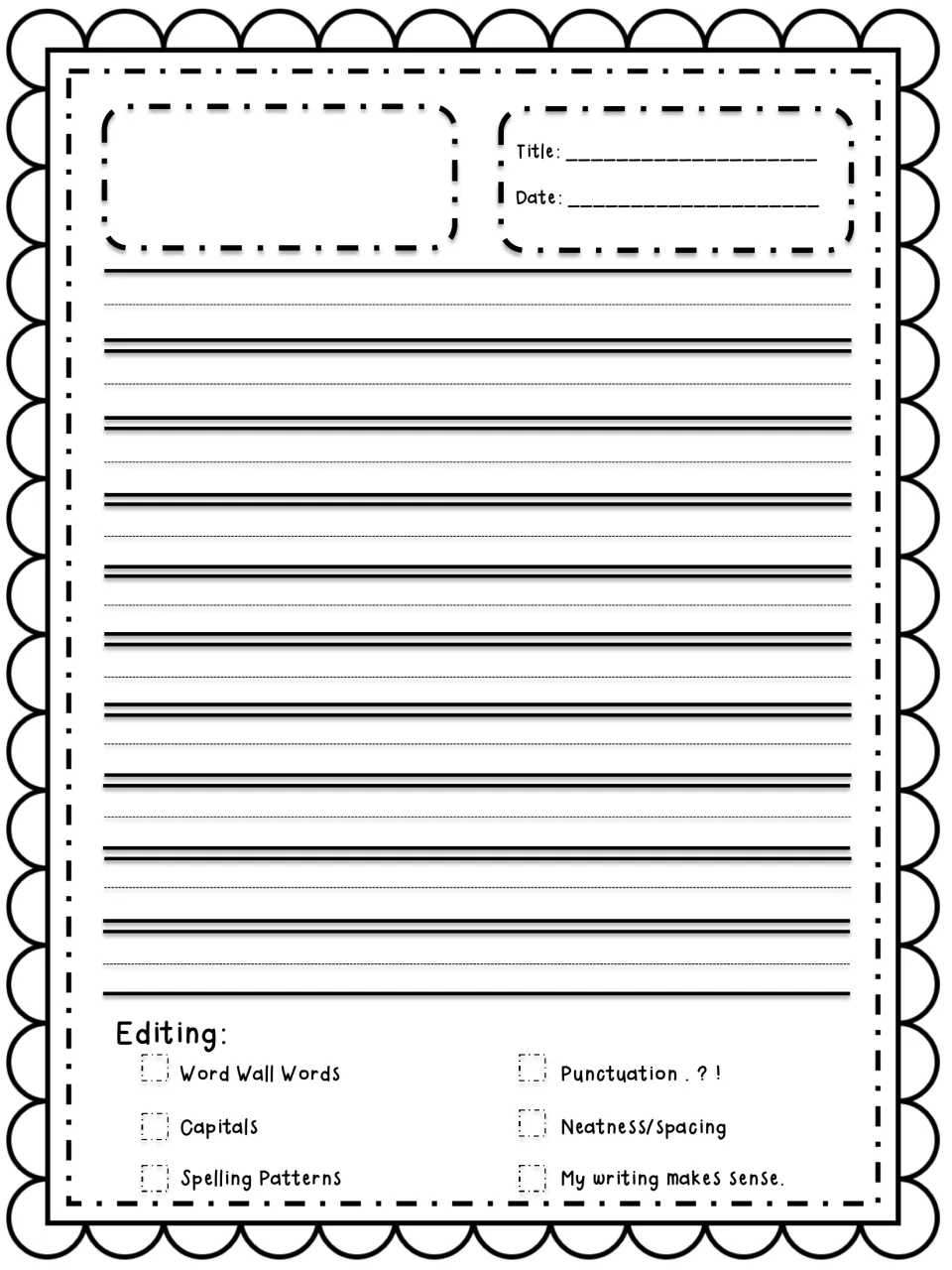 Reading response page: students write the title, date and response, then self-edit for capitals, spelling and punctuation