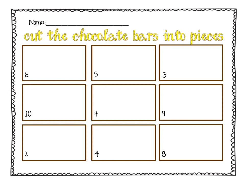 Cut the chocolate bars into pieces: students partition nine bars into 6, 5, 3, 10, 7, 9, 2, 4 and 8 equal parts