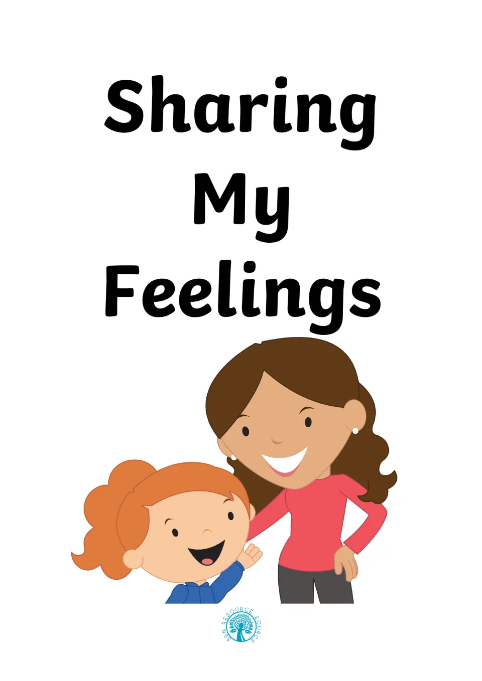 Sharing My Feelings social story cover with a smiling girl with an orange ponytail beside a smiling woman in a red top