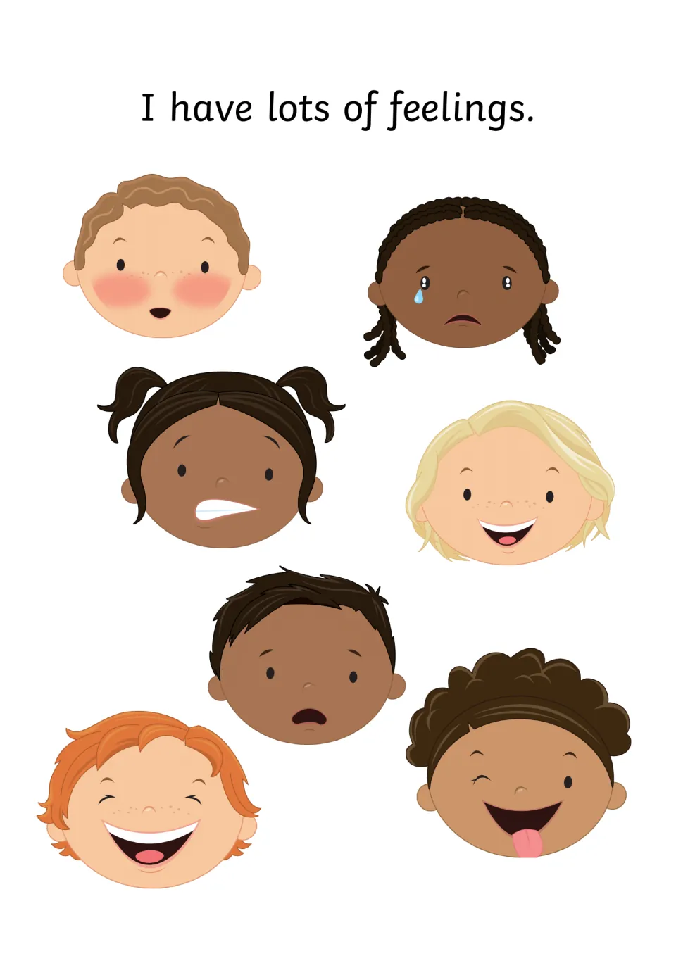 Feelings faces: seven children's faces show different expressions, such as crying, surprised and laughing