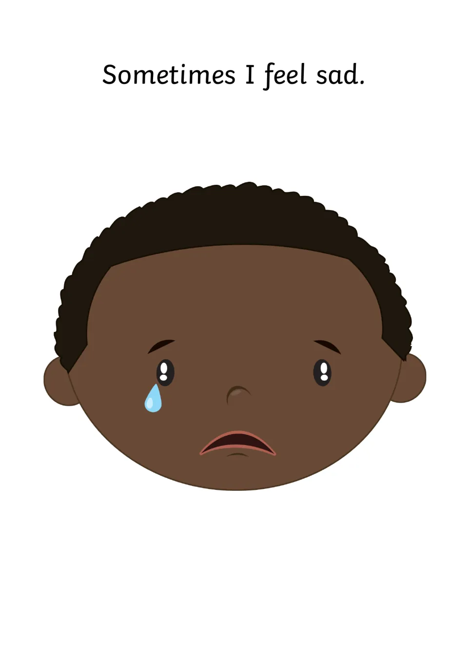 Story page 'Sometimes I feel sad' with a child's face with a down-turned mouth and a tear, for naming the sad feeling