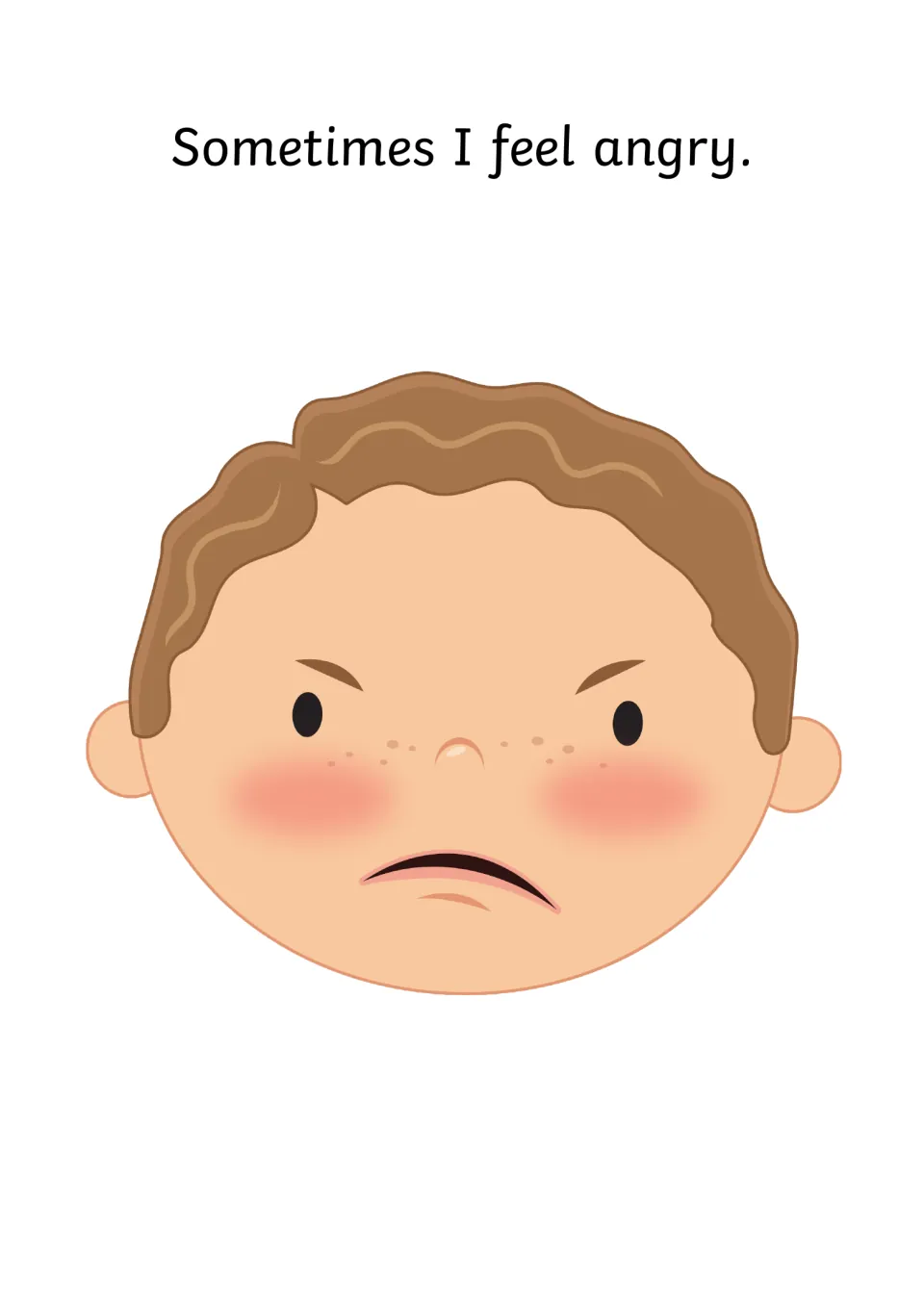 Story page 'Sometimes I feel angry' with a child's face with slanted eyebrows and a frown, for naming the angry feeling