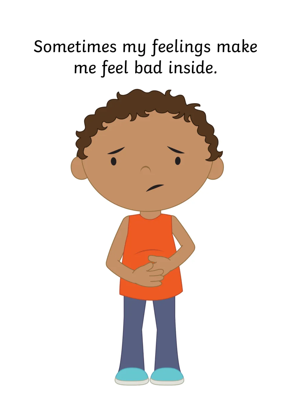 Story page 'Sometimes my feelings make me feel bad inside' with a worried boy holding his stomach
