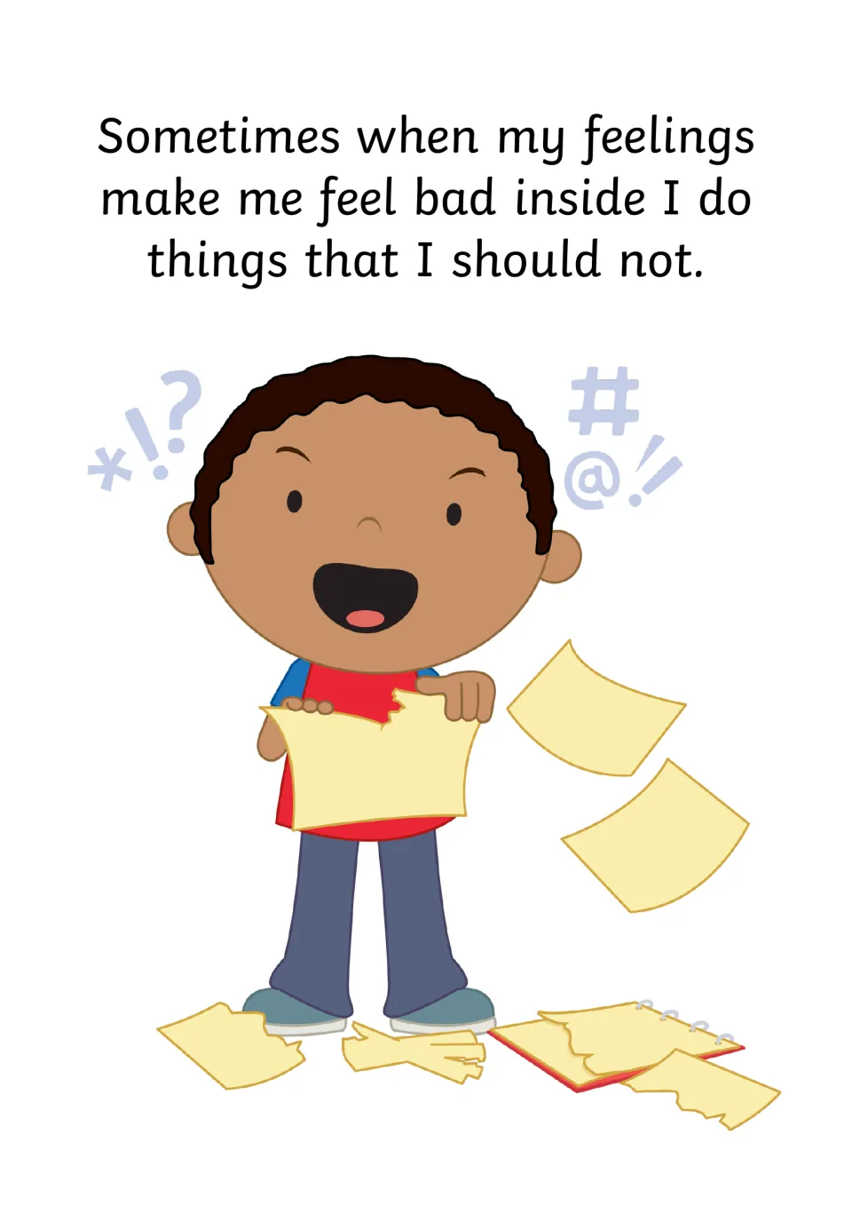 Story page about doing things we should not when feeling bad, showing a shouting boy ripping up paper and a notebook
